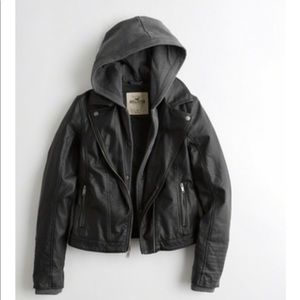 Cropped faux leather  jacket with removable hood